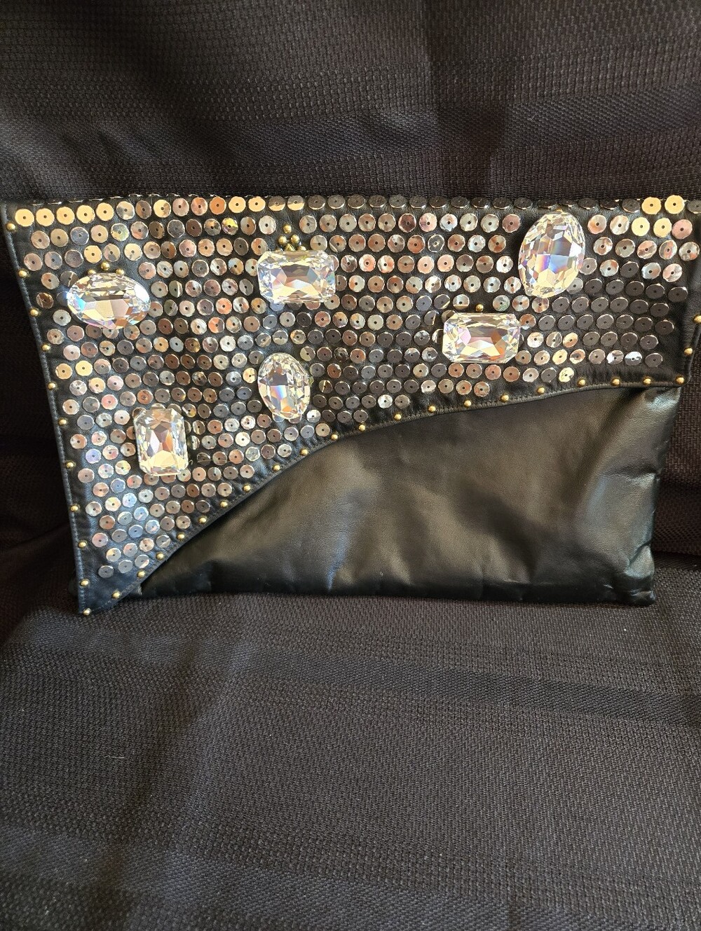 Colini Vintage 1980's Black Sequin & Crystal Envelope Leather Clutch